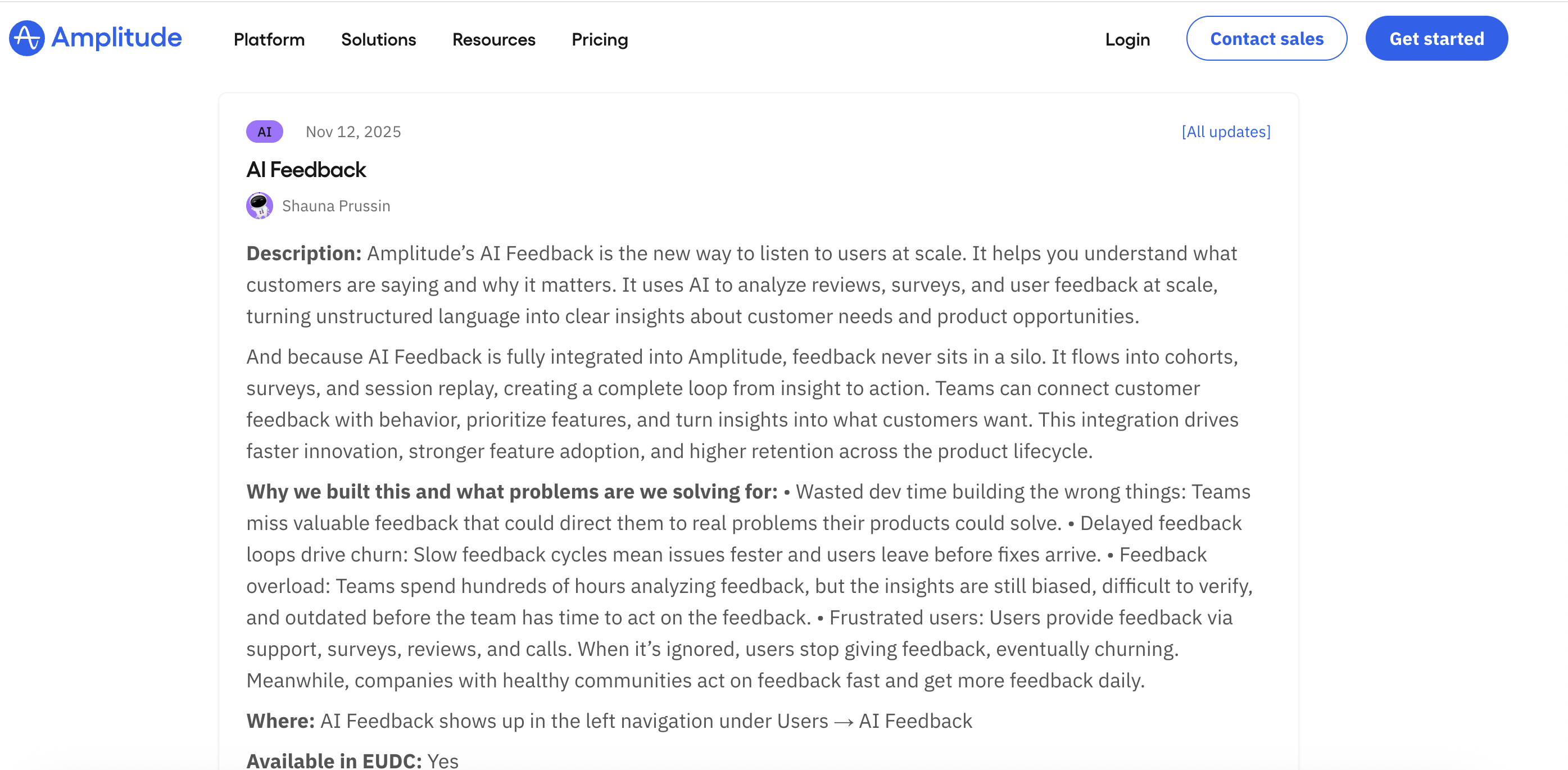 Amplitude changelog entry showing a text-only update with no visuals