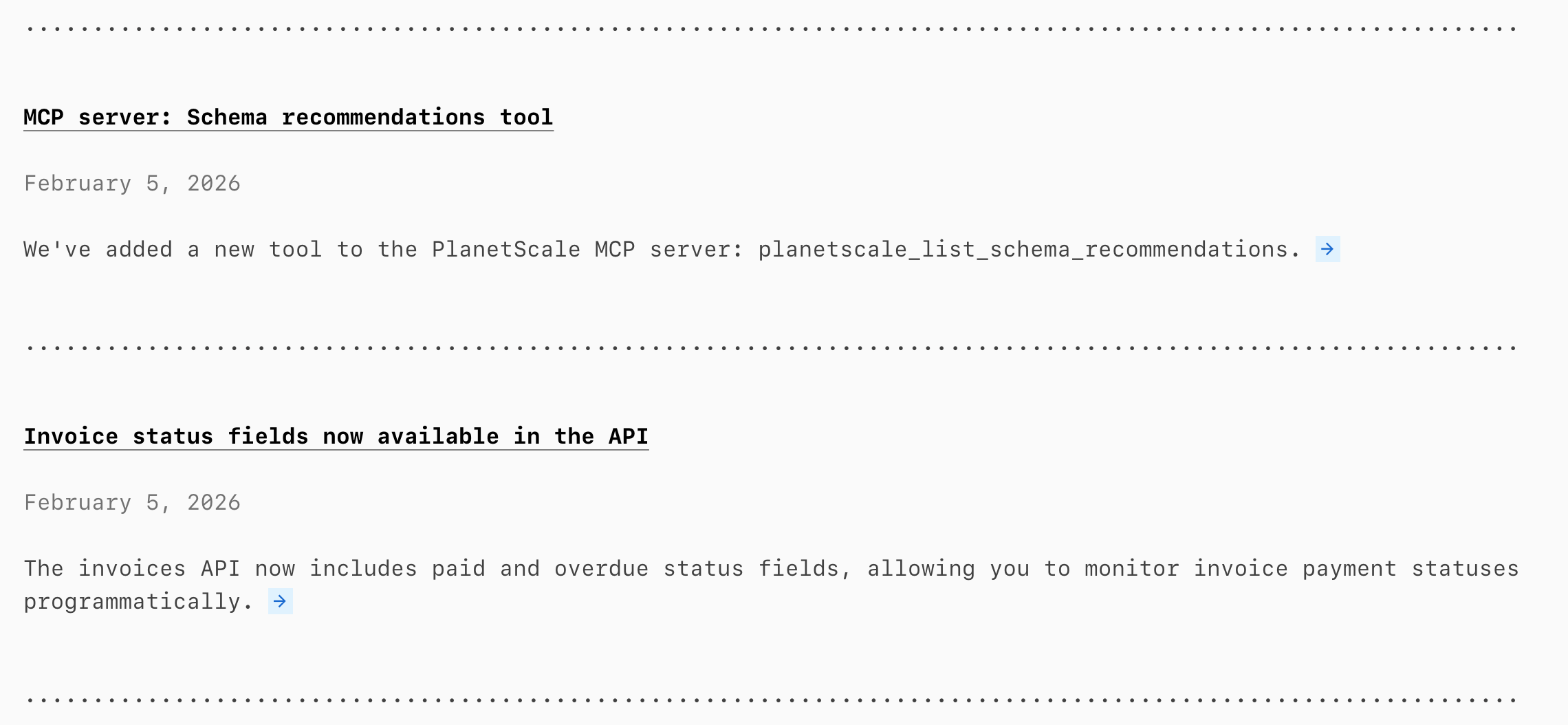 PlanetScale changelog entry showing a typical text-only update