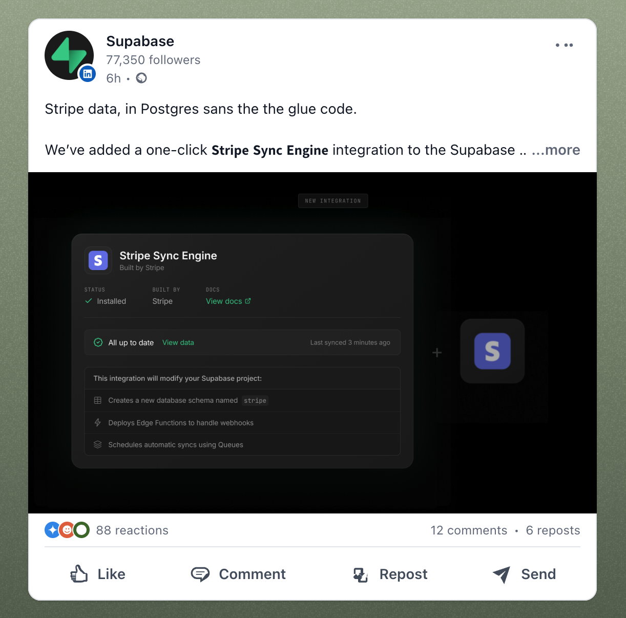 LinkedIn post preview generated by PersonaBox showing a Supabase integration announcement