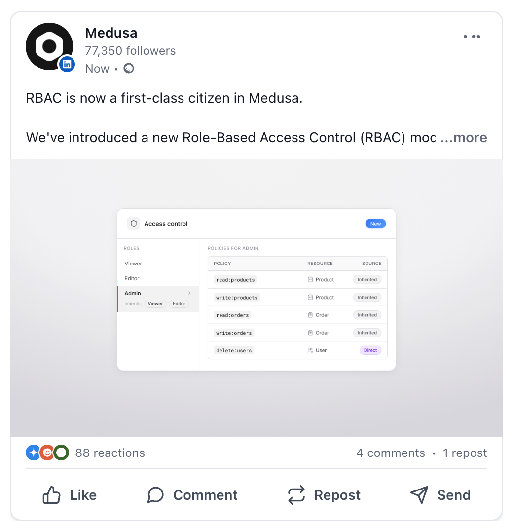 Medusa LinkedIn post about RBAC