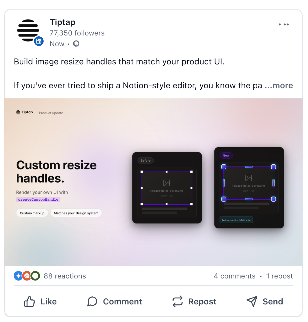 Tiptap LinkedIn post about custom resize handles
