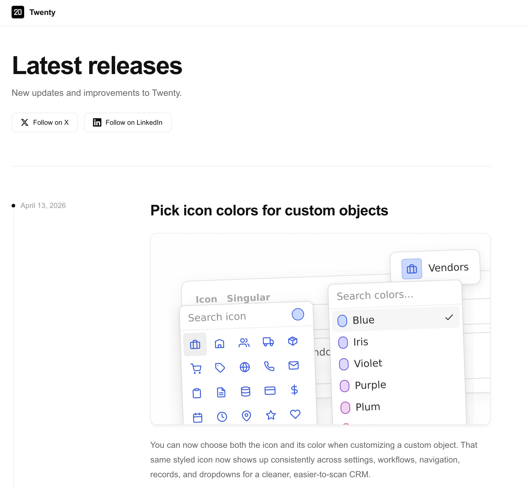 Twenty CRM hosted changelog page