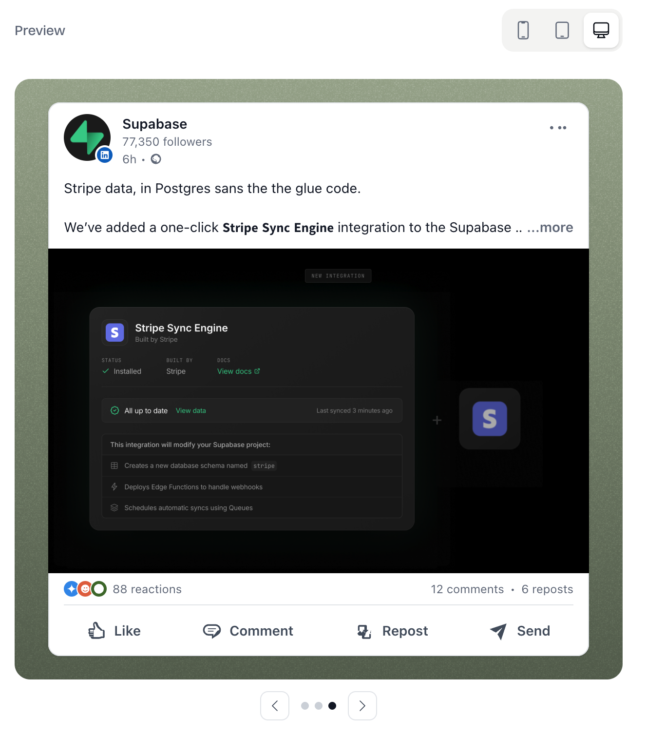LinkedIn preview frame with desktop and mobile device toggles showing a Stripe Sync product post