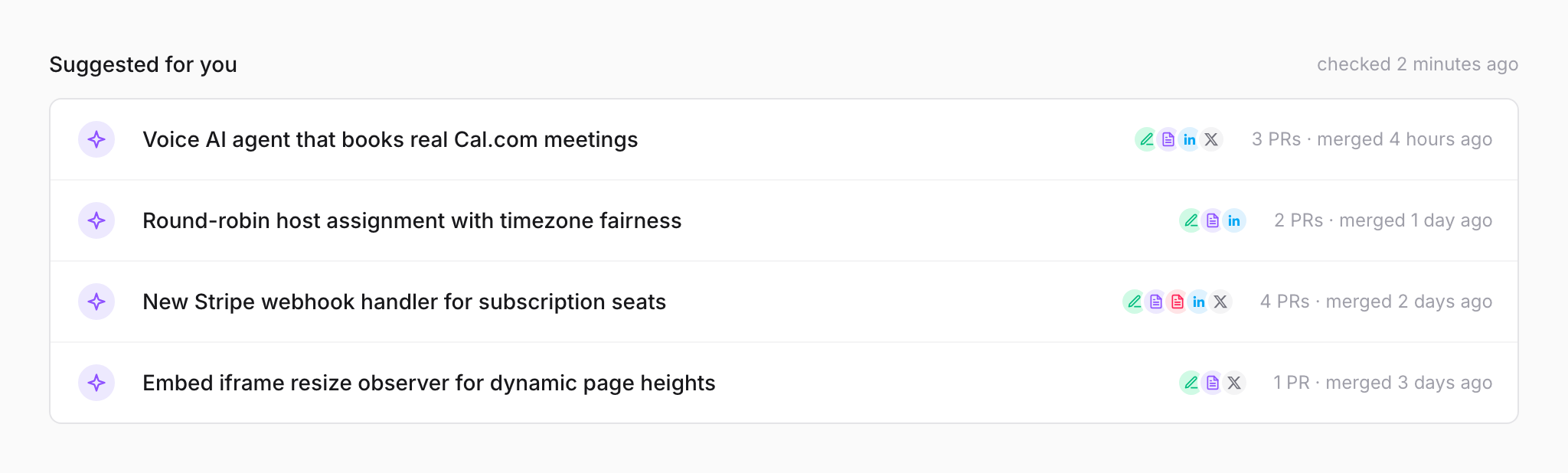 PersonaBox recommended updates list showing four groups of recently merged PRs from a product squad, each with channel chips for changelog, newsletter, and social