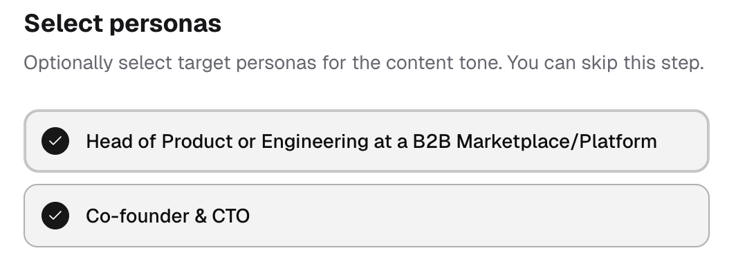 PersonaBox persona selector showing target personas chosen for social post tone