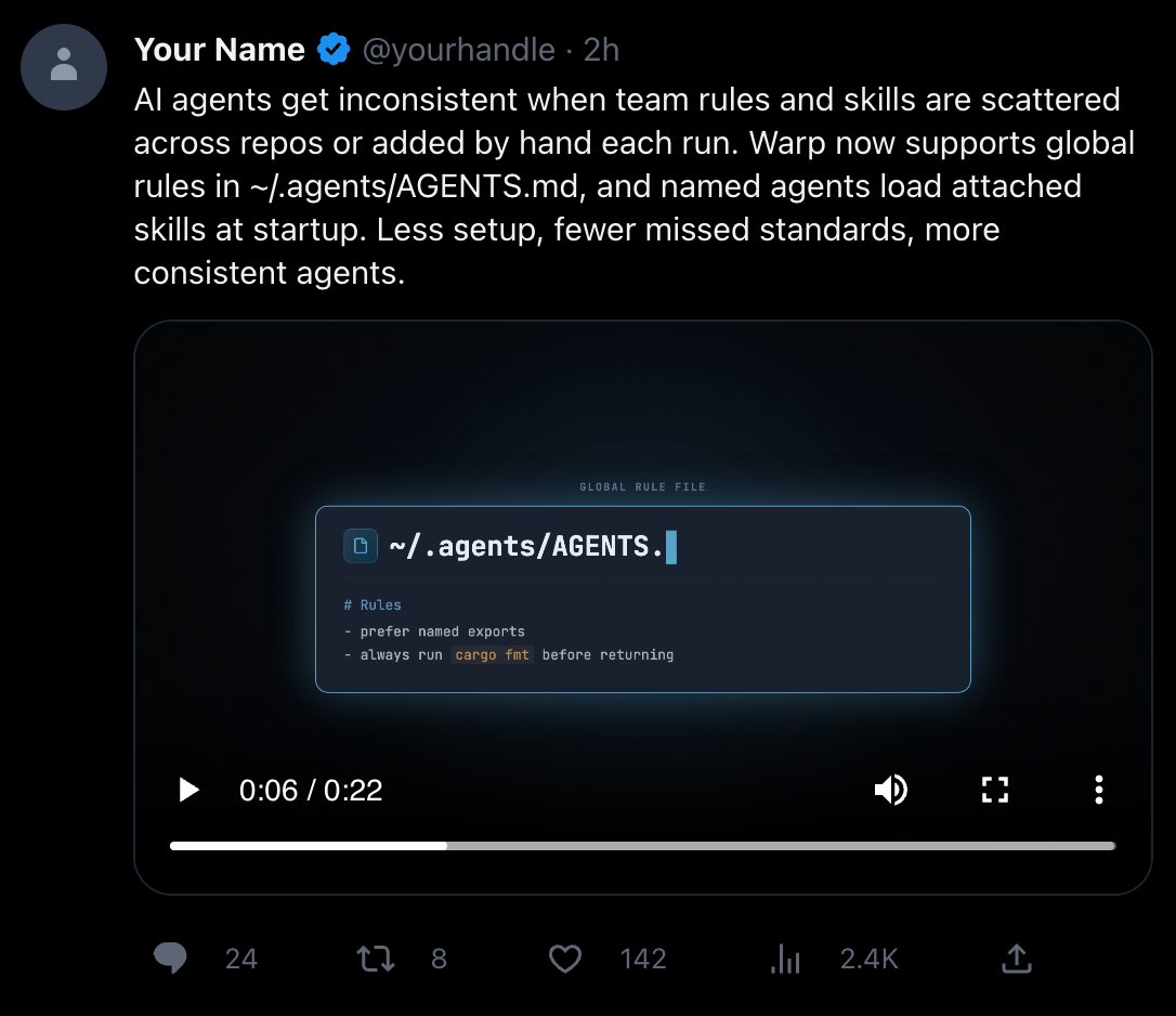 A tweet preview with an embedded animated video showing a terminal demo of ~/.agents/AGENTS.md, generated by PersonaBox