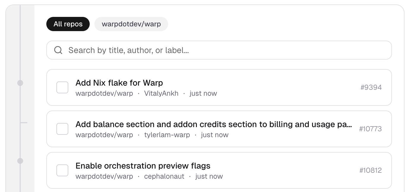 PersonaBox feature picker showing real GitHub PRs from warpdotdev/warp like "Add Nix flake for Warp" and "Enable orchestration preview flags" as the source material for posts
