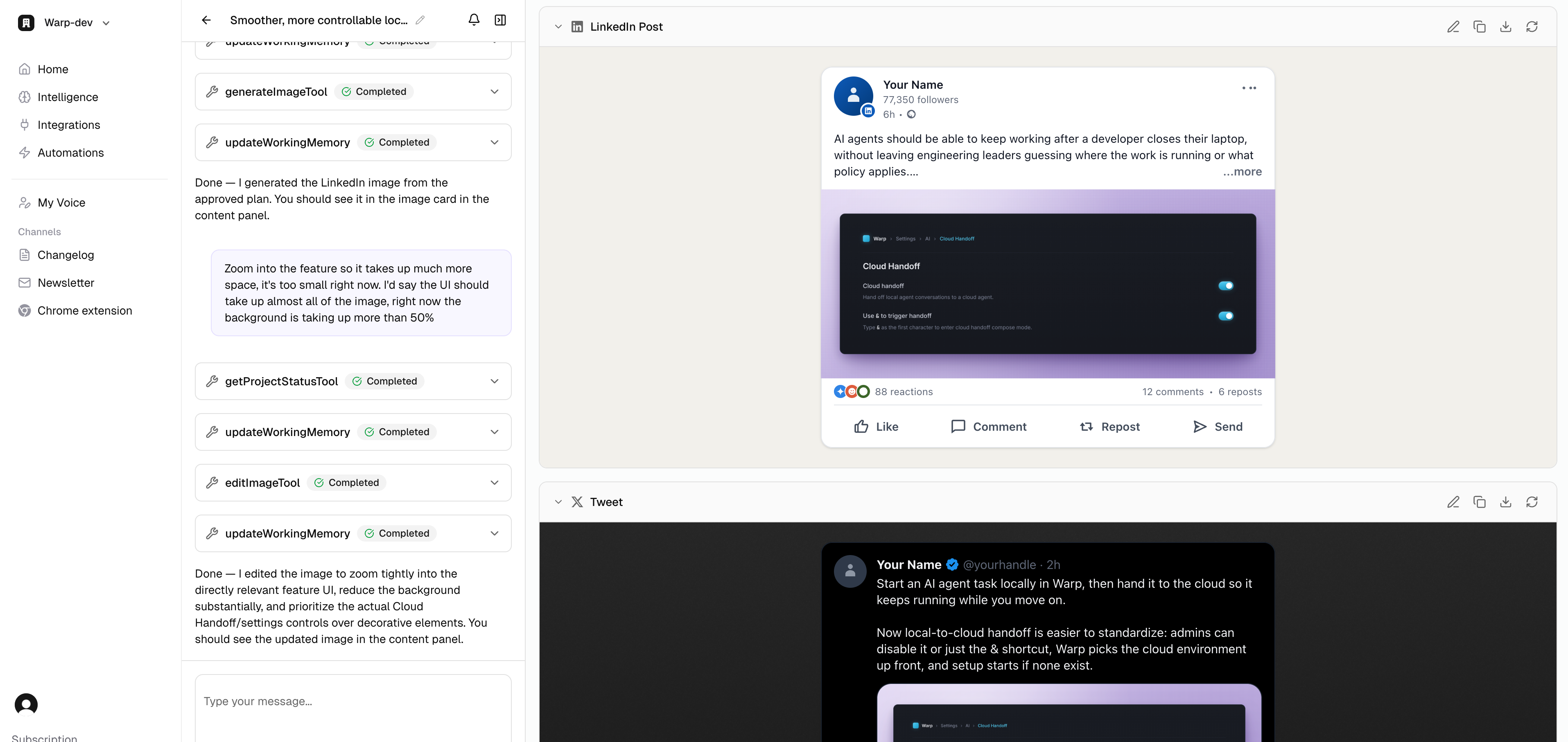 The PersonaBox app composing a LinkedIn post and a tweet side-by-side from a real product update, with the agent workflow shown in the panel on the left