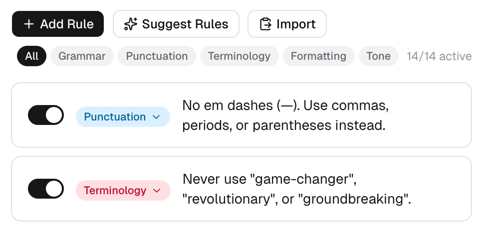 PersonaBox custom rules editor showing punctuation and terminology rules like "No em dashes (—). Use commas, periods, or parentheses instead." and a ban on words like "game-changer" and "revolutionary"