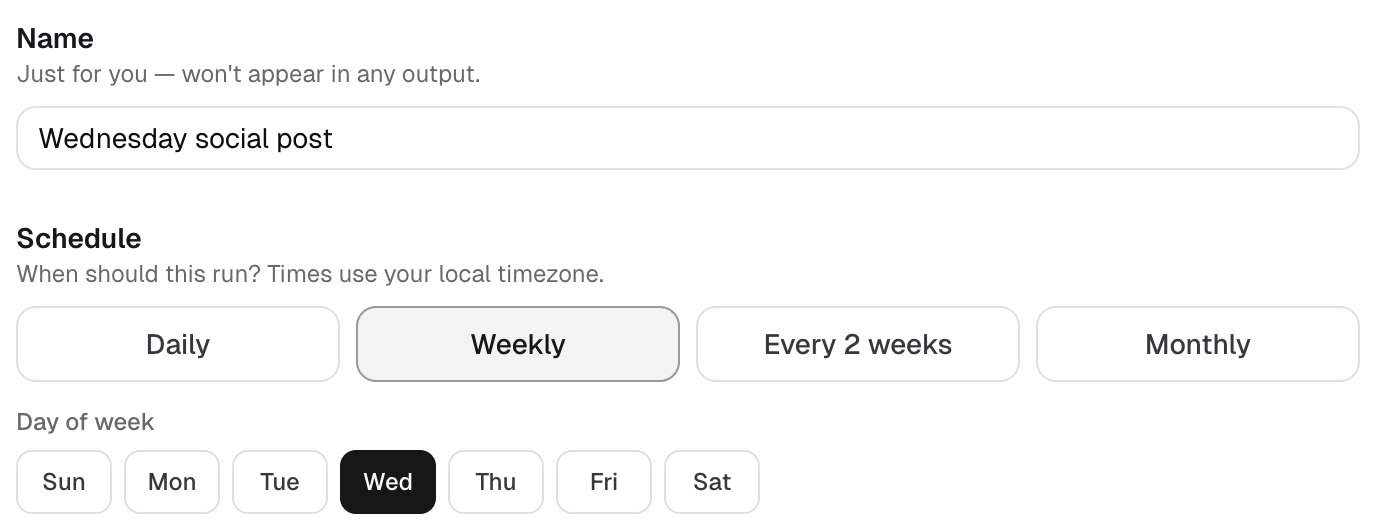 PersonaBox automations panel showing a recurring weekly changelog draft and a monthly announcement email, with next-run timestamps