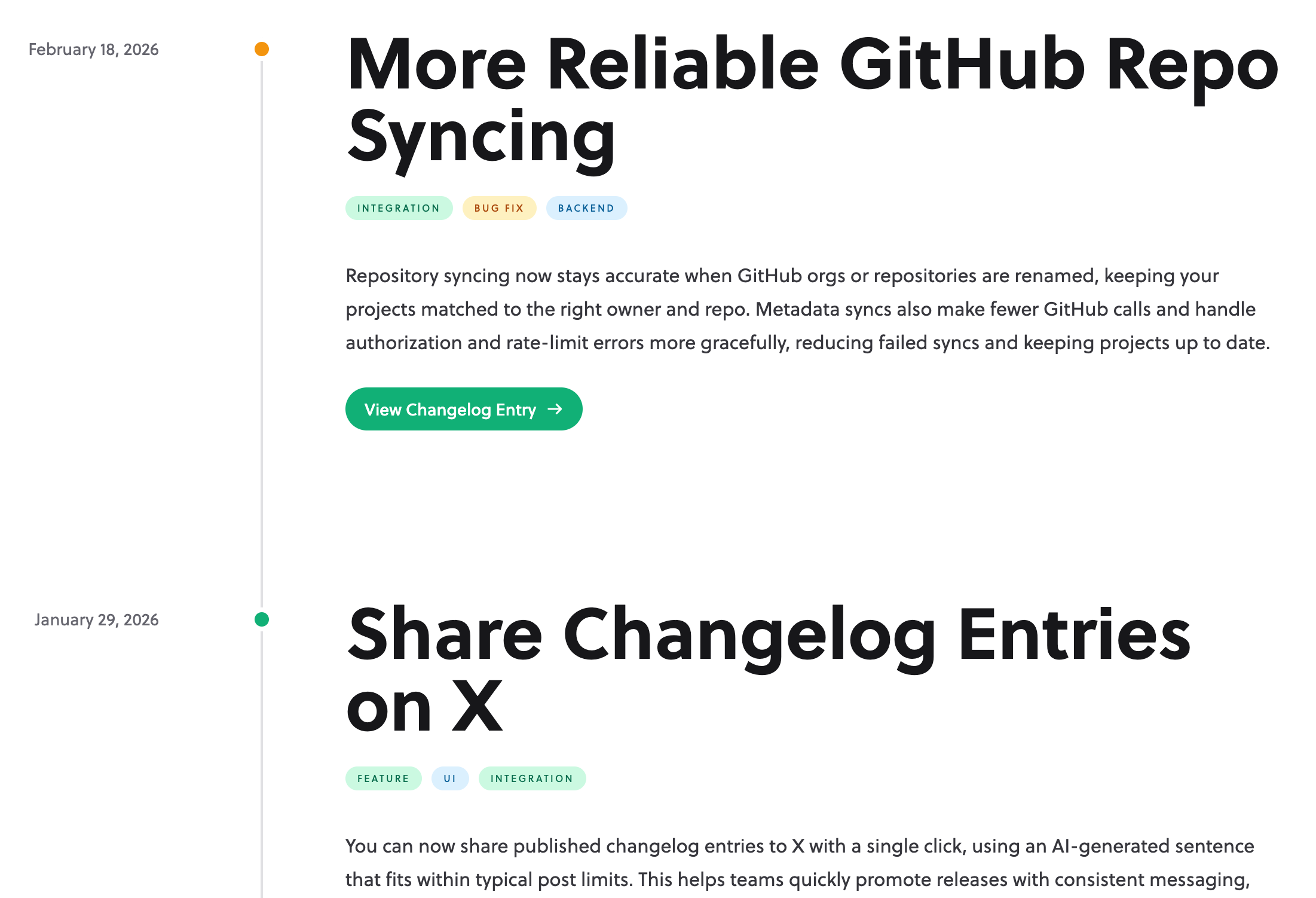 AutoChangelog interface showing AI-generated changelog from GitHub webhooks