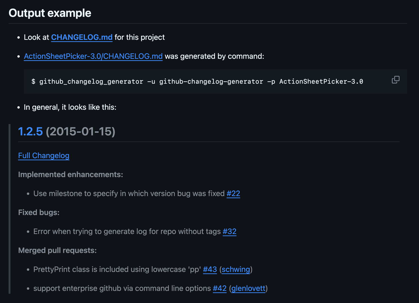 GitHub Changelog Generator output example showing version history with linked PRs and issues