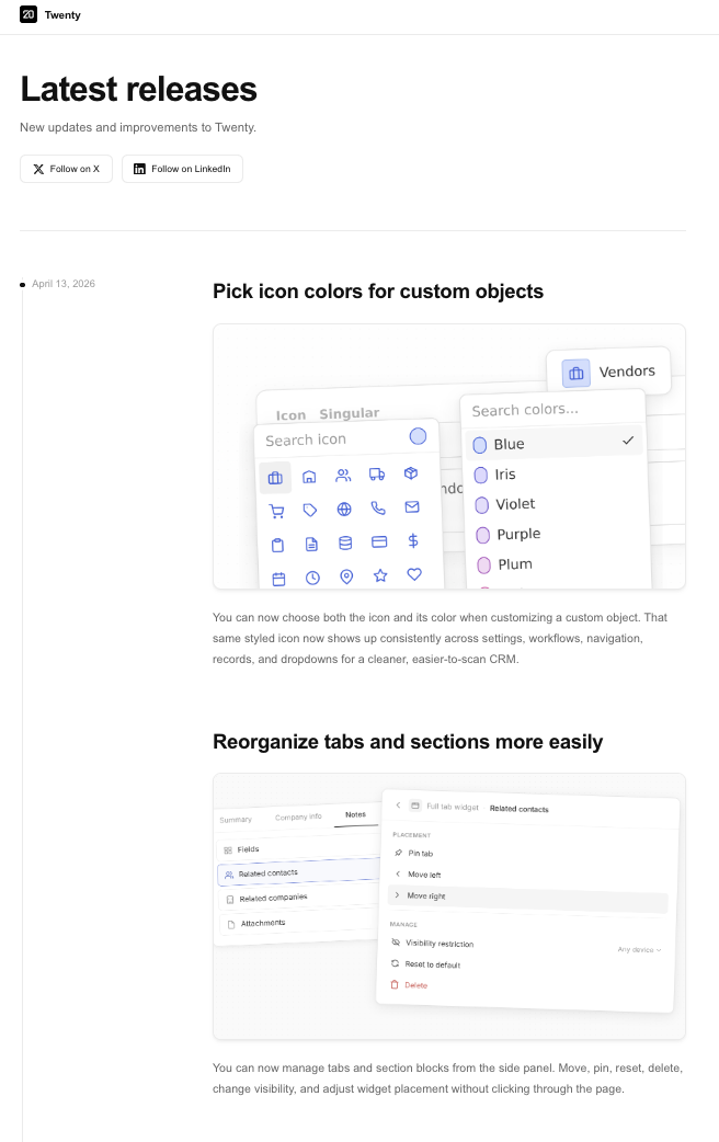 Twenty CRM changelog page produced by PersonaBox, showing branded entries with real-product screenshots
