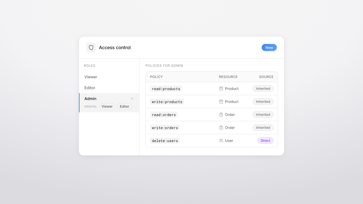 New RBAC module with roles, policies, and inheritance