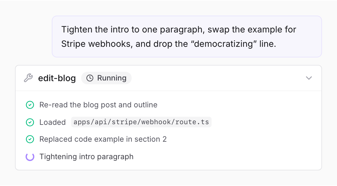 A PersonaBox chat showing the user requesting tighter intro, a new example, and a deleted line, then the edit-blog tool running surgical edits with live step-by-step progress