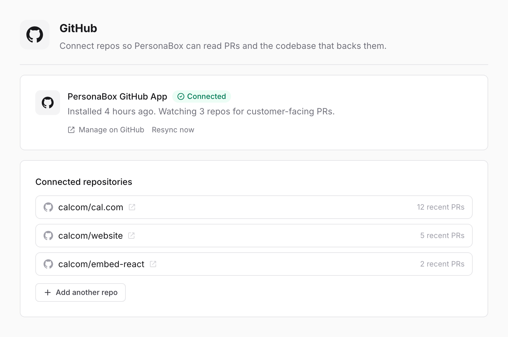 PersonaBox GitHub integration screen showing the PersonaBox GitHub App connected and watching three Cal.com repos for customer-facing PRs