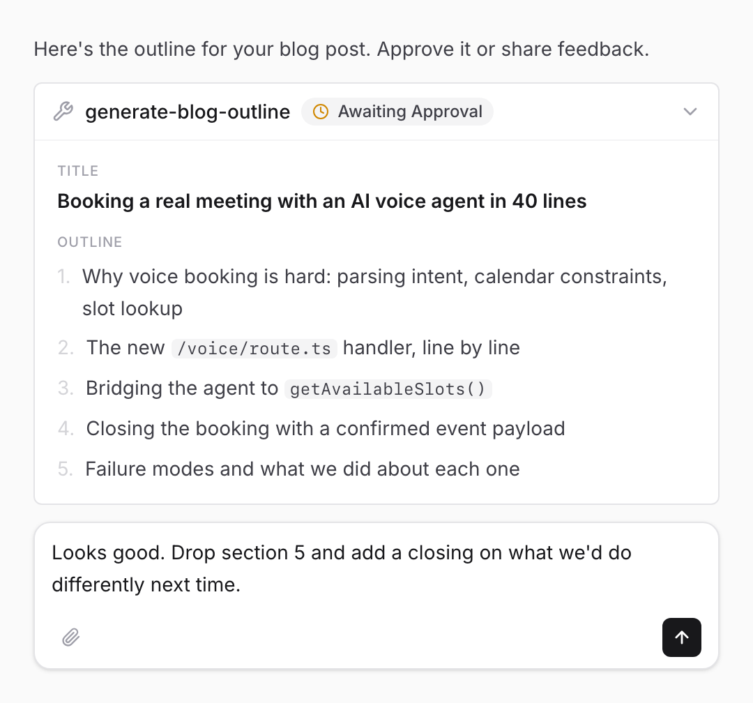 A PersonaBox chat showing the generate-blog-outline tool card awaiting approval, with a tutorial outline and the user typing feedback in the prompt input below