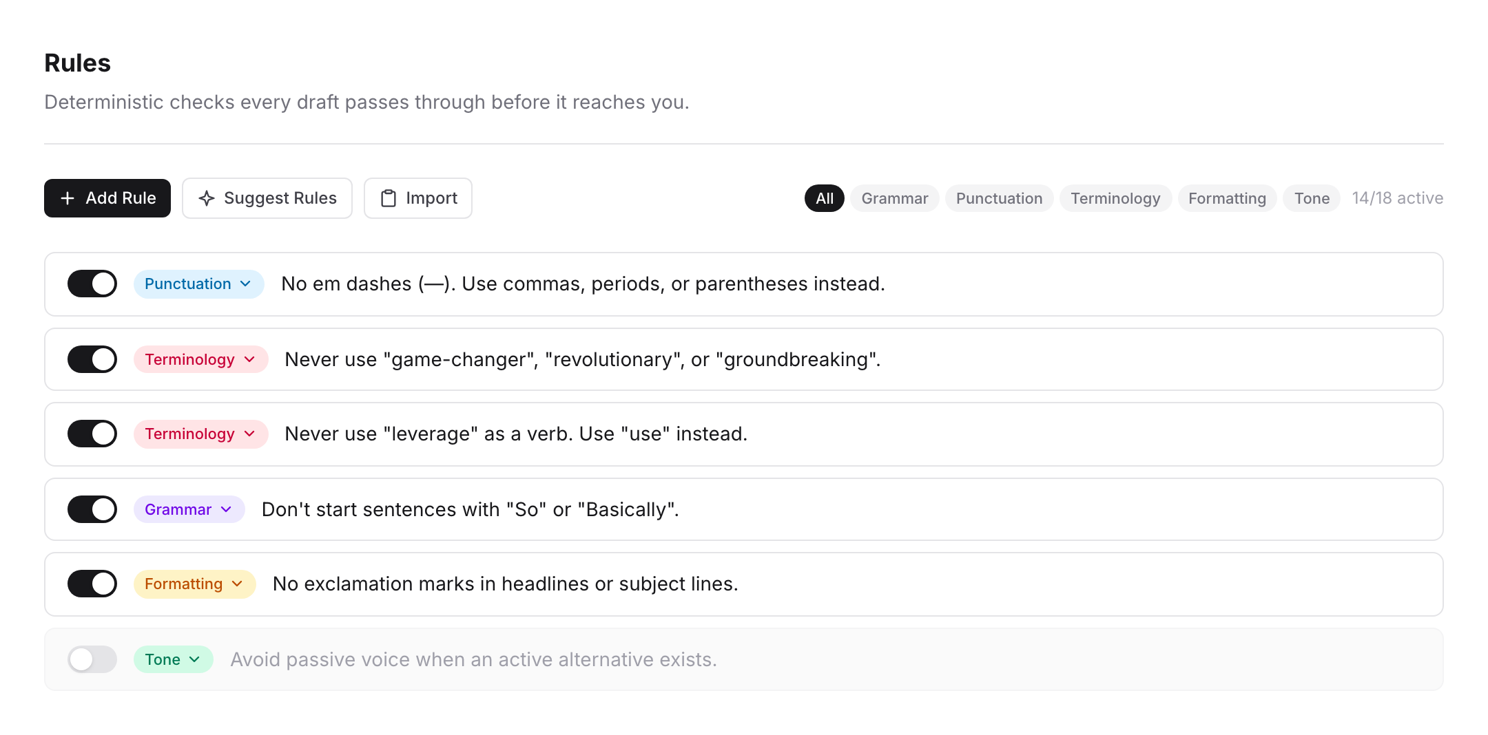 PersonaBox rules screen with category filter chips and toggleable rules: no em dashes, no "game-changer", no "leverage" as a verb, no exclamation marks in headlines