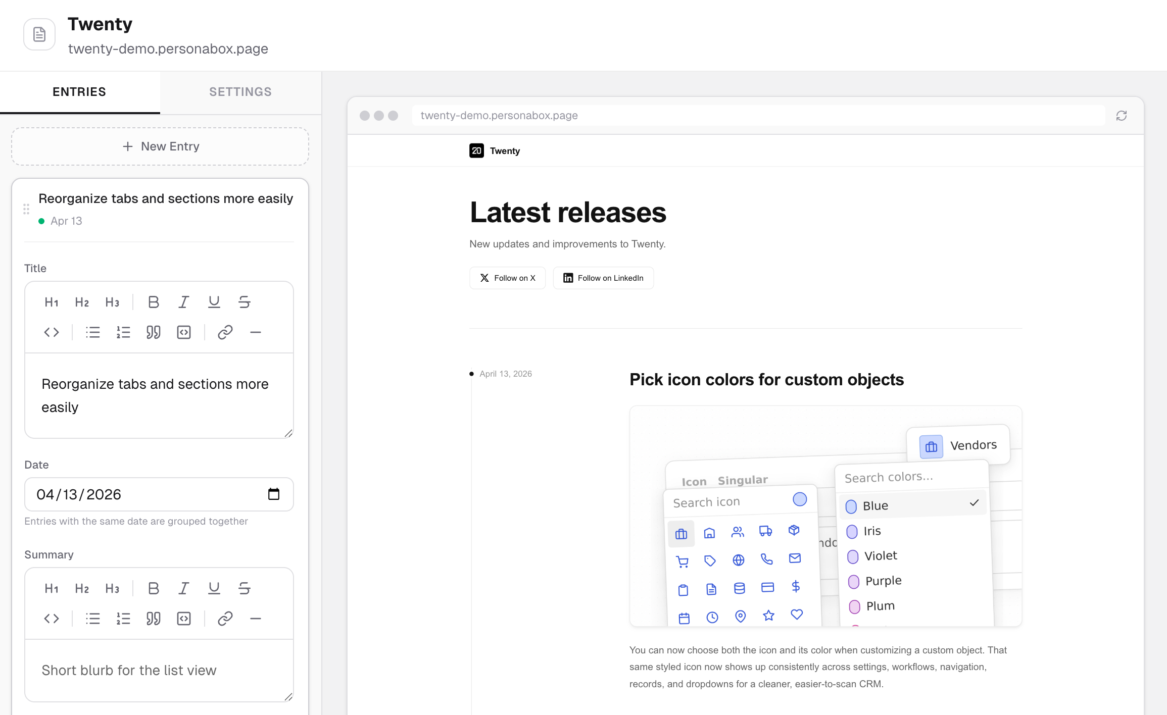 PersonaBox changelog builder with the entry editor open and live preview