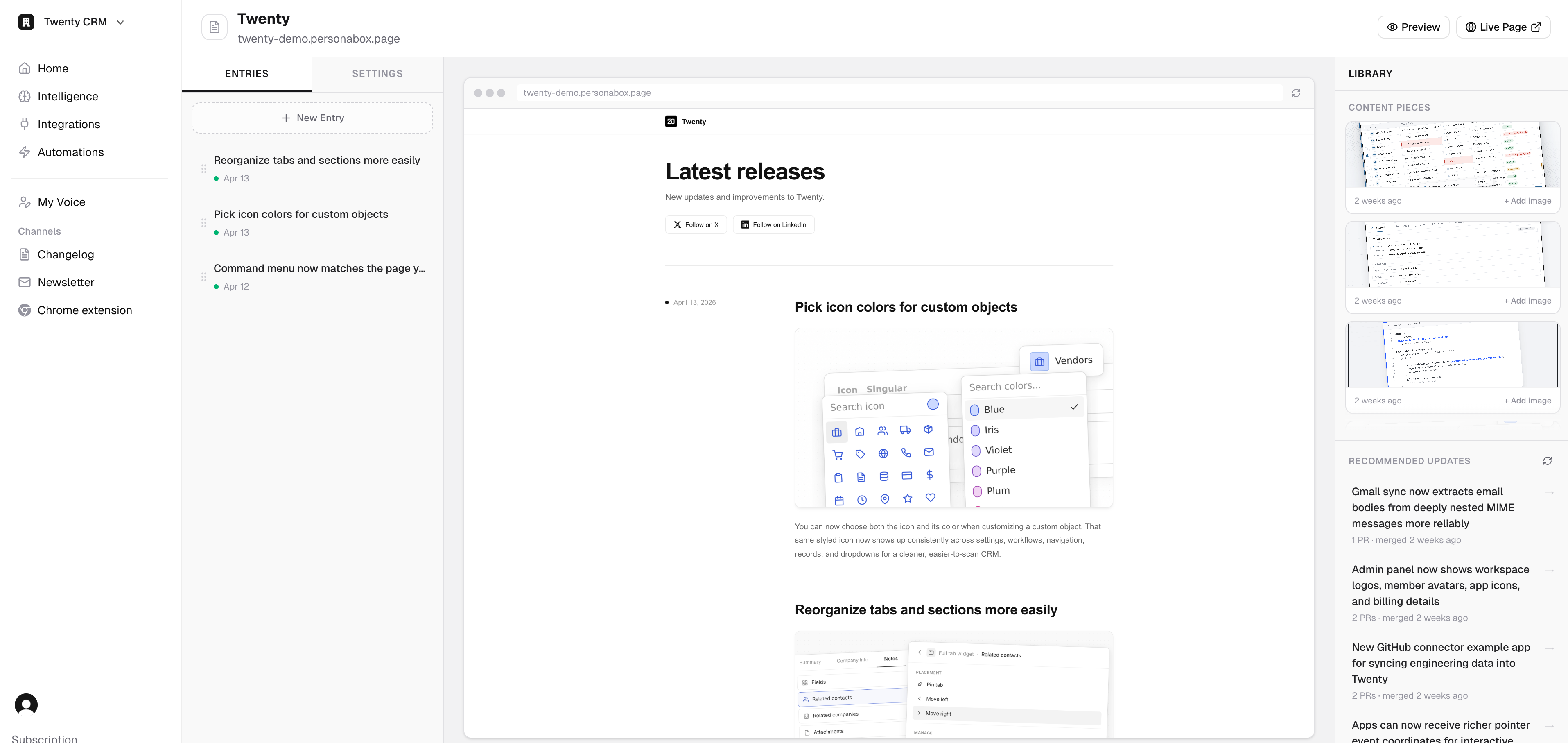 PersonaBox changelog builder with entries list, live preview, and content library