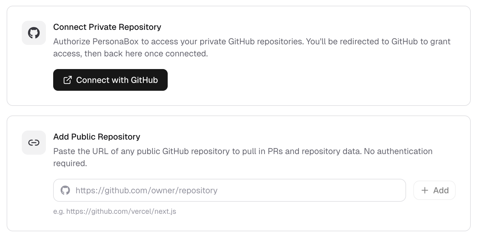 PersonaBox GitHub repository connect screen with private OAuth and public URL paste