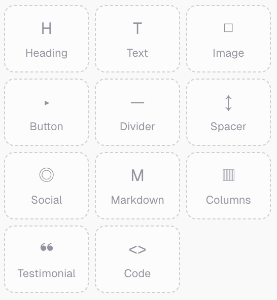 PersonaBox newsletter block picker with Heading, Text, Image, Button, Divider, Spacer, Social, Markdown, Columns, Testimonial, and Code blocks