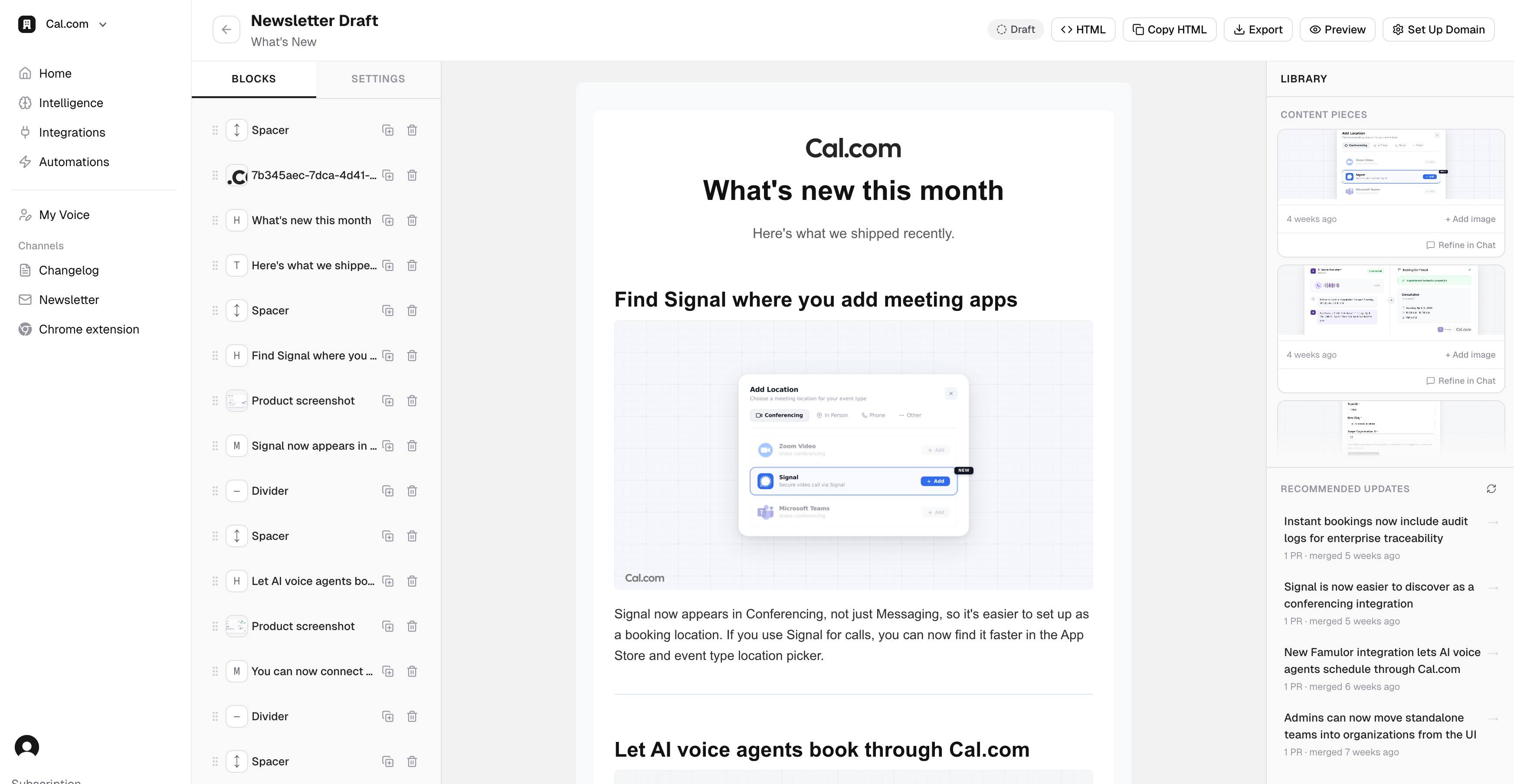 PersonaBox newsletter builder with block library, live email preview, and content library