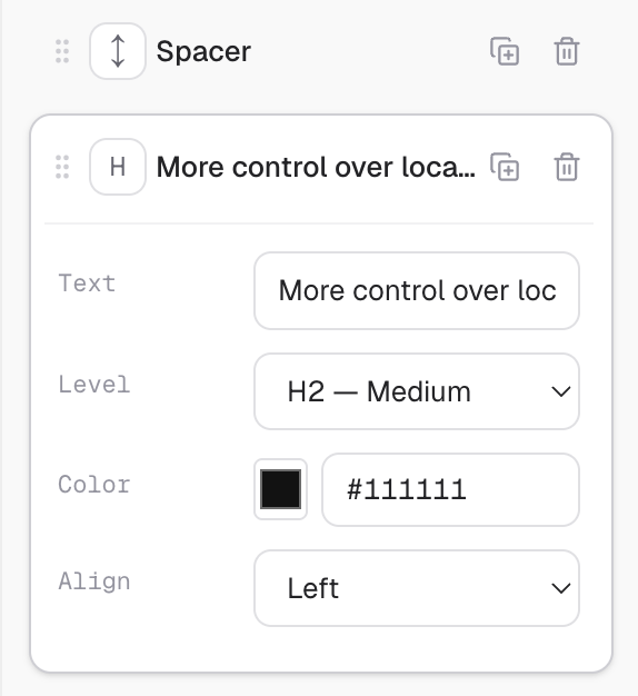 PersonaBox newsletter block editor with a draggable Spacer and an H2 block being edited inline with text, level, color, and align controls