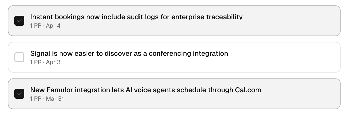 PersonaBox recommended updates list with newsletter-ready PRs and checkboxes