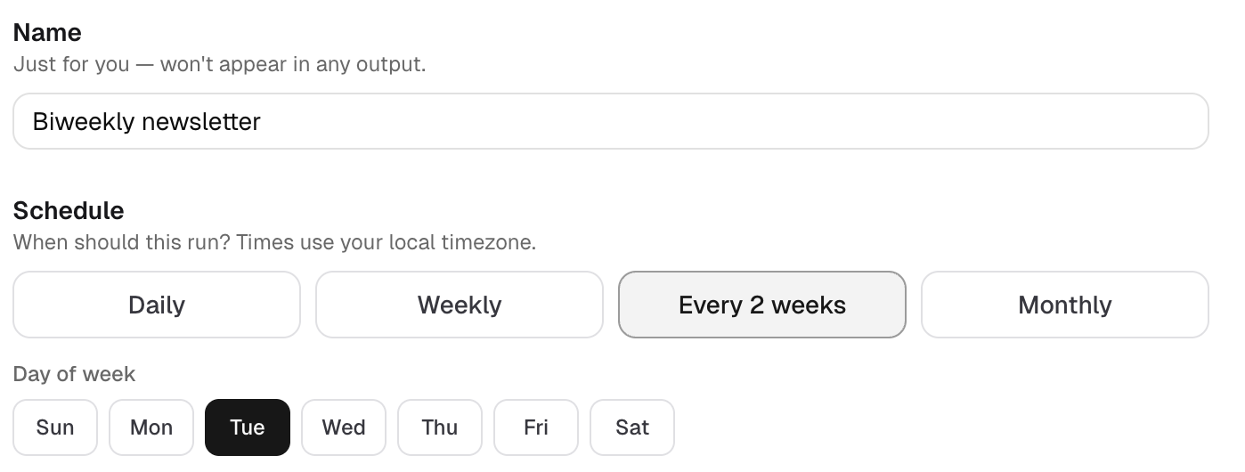 PersonaBox biweekly newsletter automation with Daily/Weekly/Every 2 weeks/Monthly schedule tabs and a Tuesday day-of-week pick