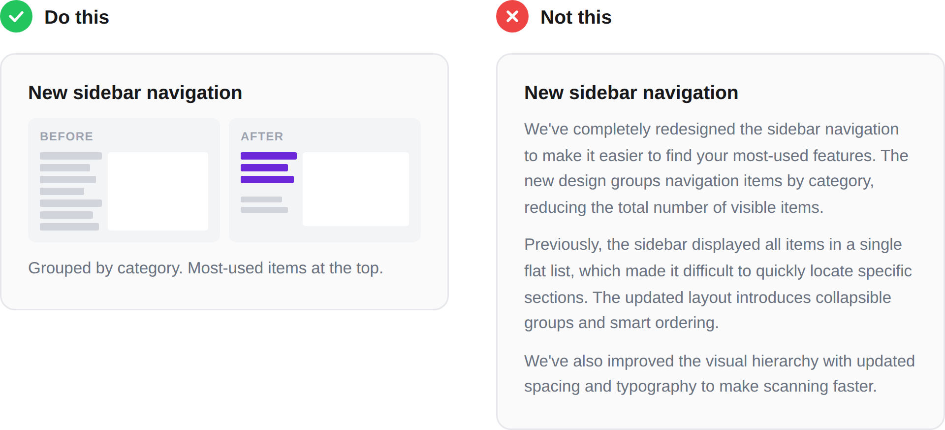 Do this: show the feature with a clear before/after visual. Not this: describe the change in a paragraph.