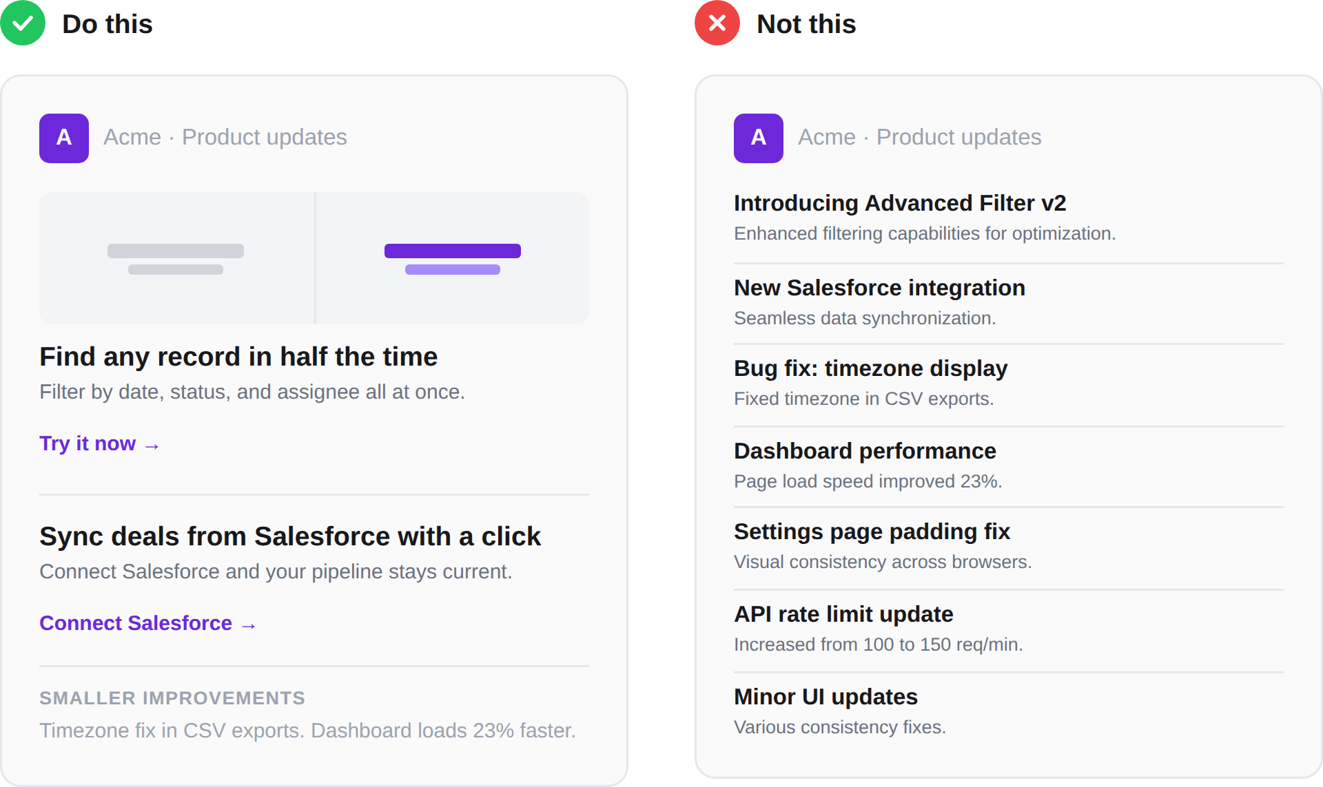 Do this: lead with 2-3 'oh nice' updates. Not this: dump every ship into the newsletter.